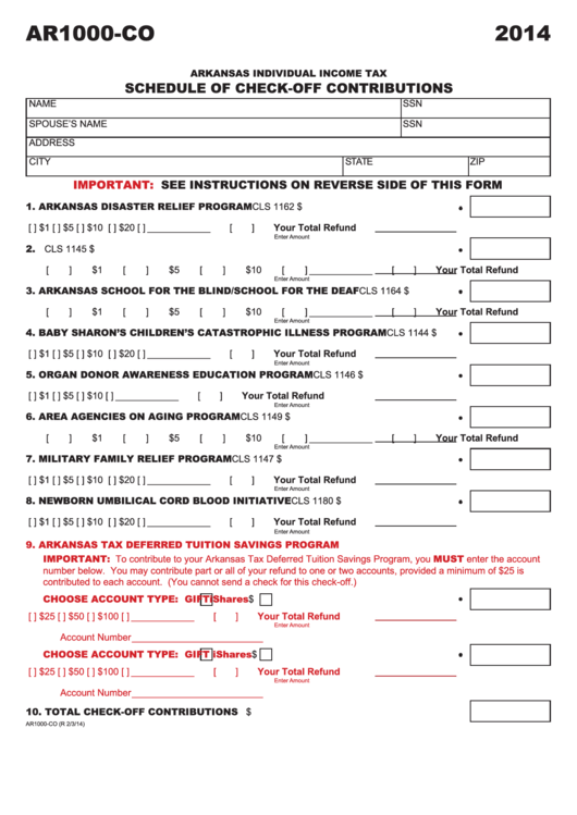 Form Ar1000-Co - Individual Income Tax - Schedule Of Check-Off Contributions - 2014 Printable pdf