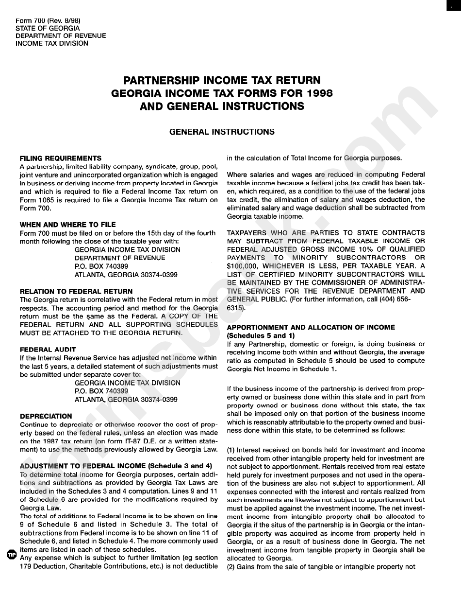Instructions For Form 700 - Partnership Income Tax - Georgia Department Of Revenue - 1998
