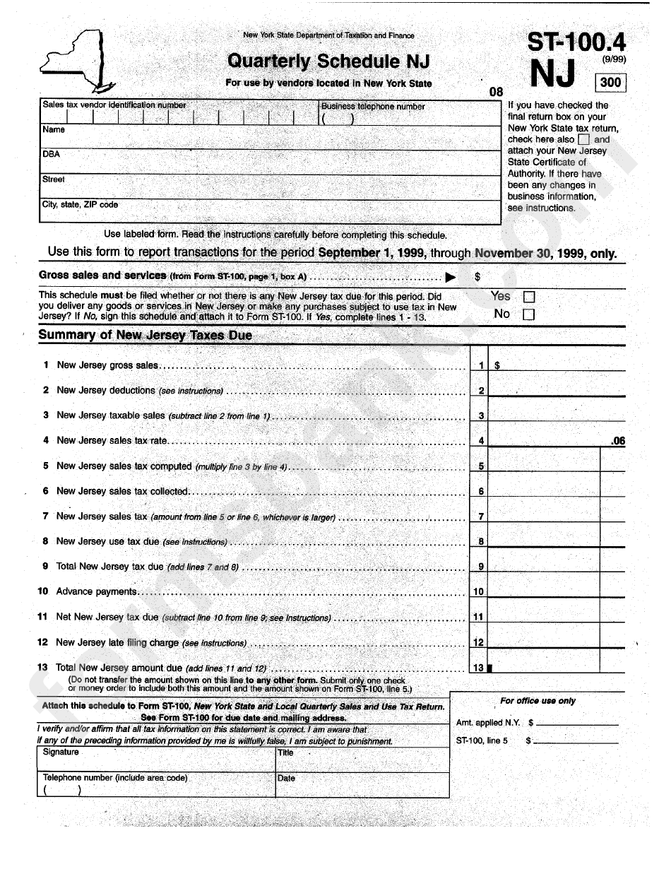 Form St100.4 Quarterly Schedule Nj For Use By Vendors Located In New