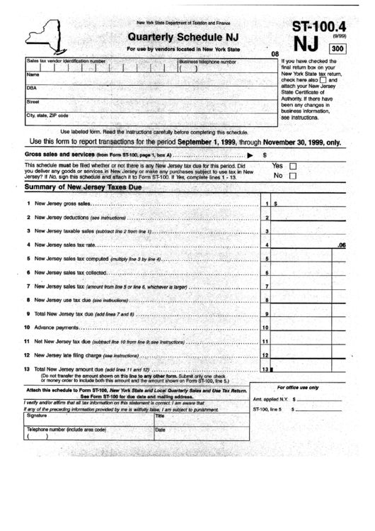 Form St-100.4 - Quarterly Schedule Nj For Use By Vendors Located In New York State - Summary Of New Jersey Taxes Due - Printable pdf