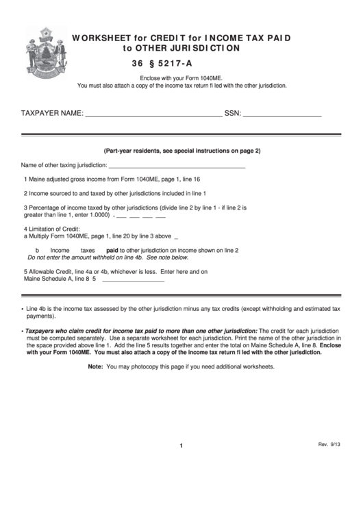 Worksheet For Credit For Income Tax Paid To Other Jurisdiction - 2013 Printable pdf