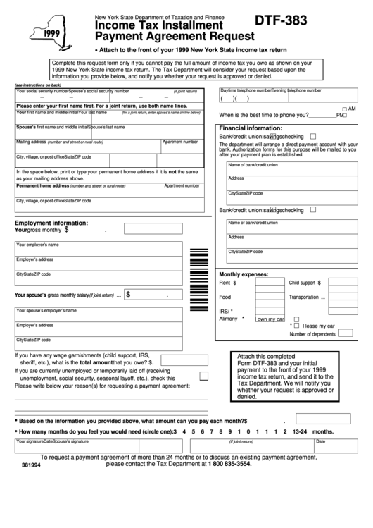 Form Dtf-383 - Income Tax Installment Payment Agreement Request - 1999 Printable pdf