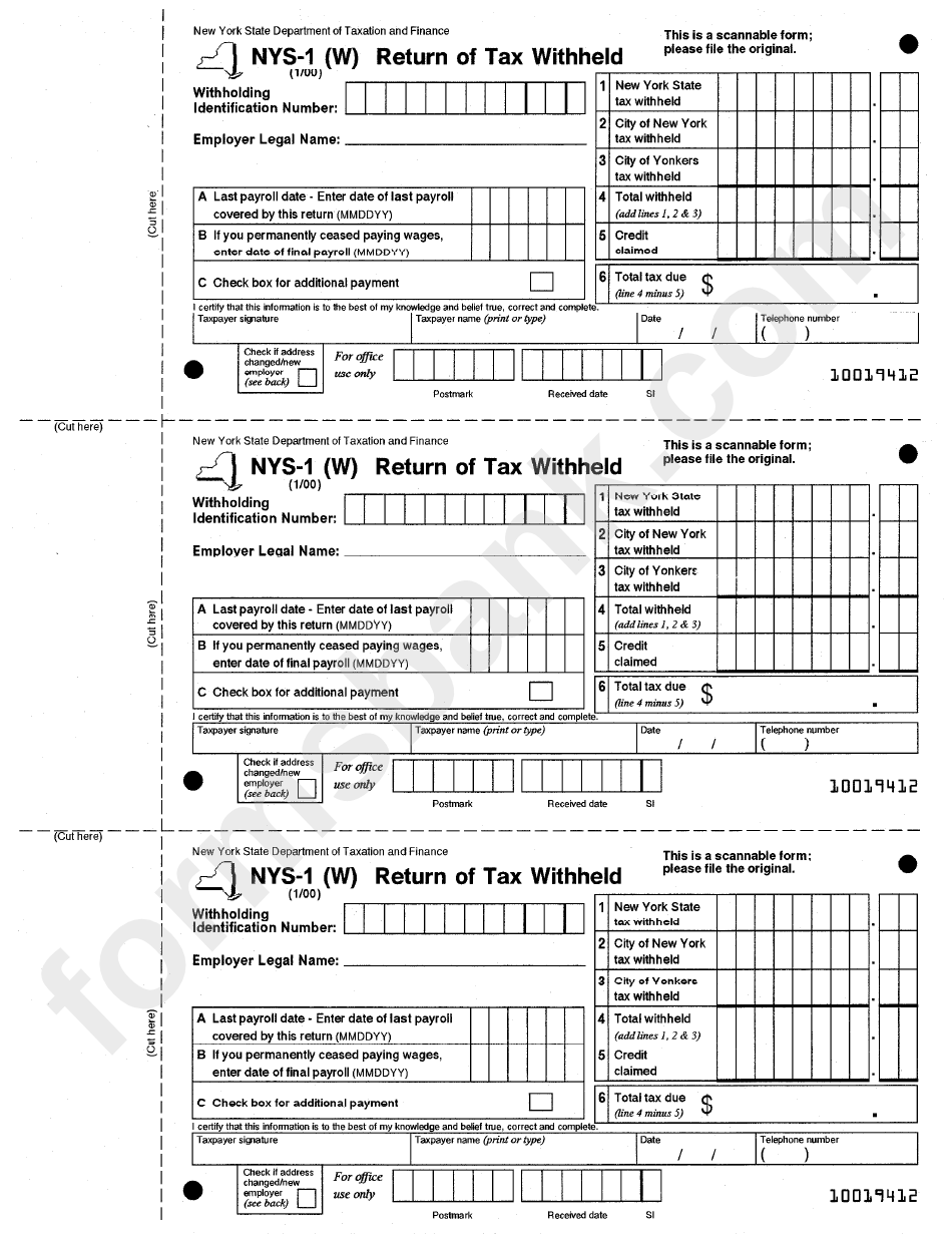 Form Nys-1(W) - Return Of Tax Withheld - 2000
