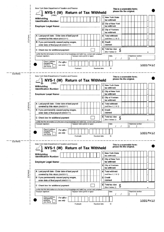 Form Nys-1(W) - Return Of Tax Withheld - 2000 Printable pdf