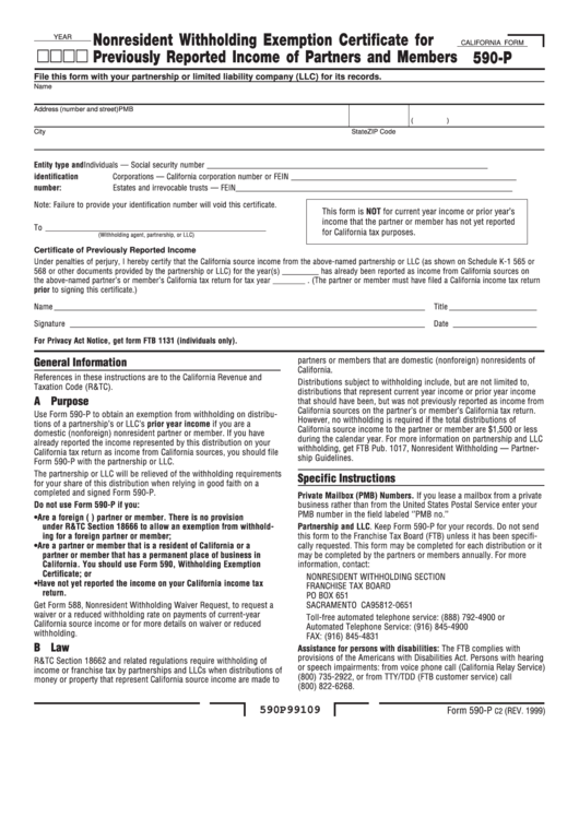 Form 590-P - Nonresident Withholding Exemption Certificate For Previously Reported Income Of Partners And Members Printable pdf