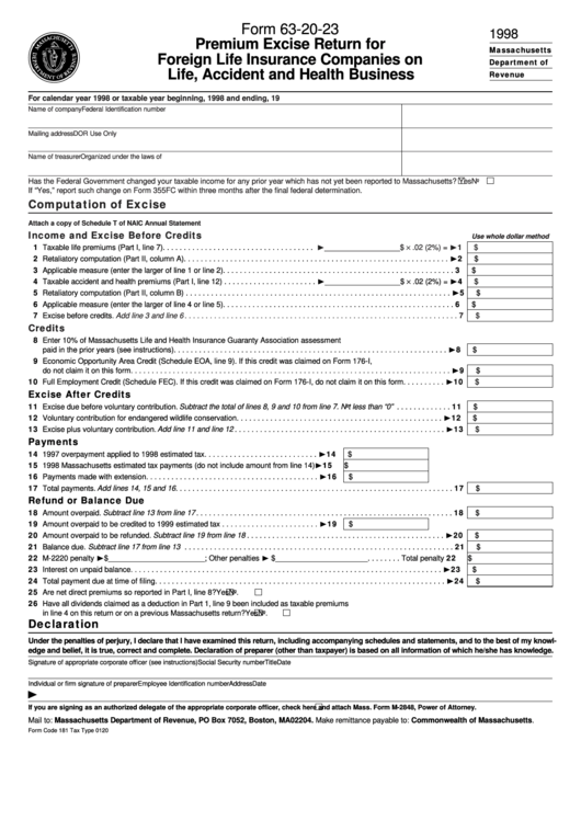Fillable Form 63-20-23 - Premium Excise Return For Foreign Life Insurance Companies On Life, Accident And Health Business - 1998 Printable pdf