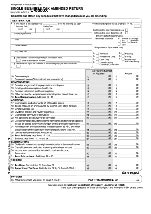 Form C-8000x - Single Business Tax Amended Return Printable pdf