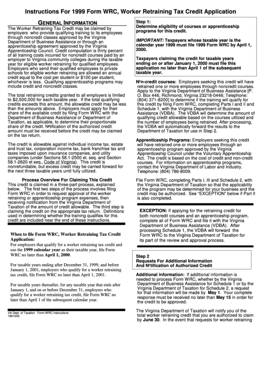 Form Wrc Instructions - Worker Retraining Tax Credit Application - 1999 Printable pdf