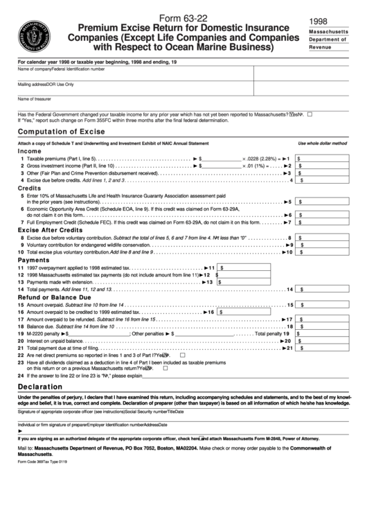 Fillable Form 63-22 - Premium Excise Return For Domestic Insurance Companies - 1998 Printable pdf