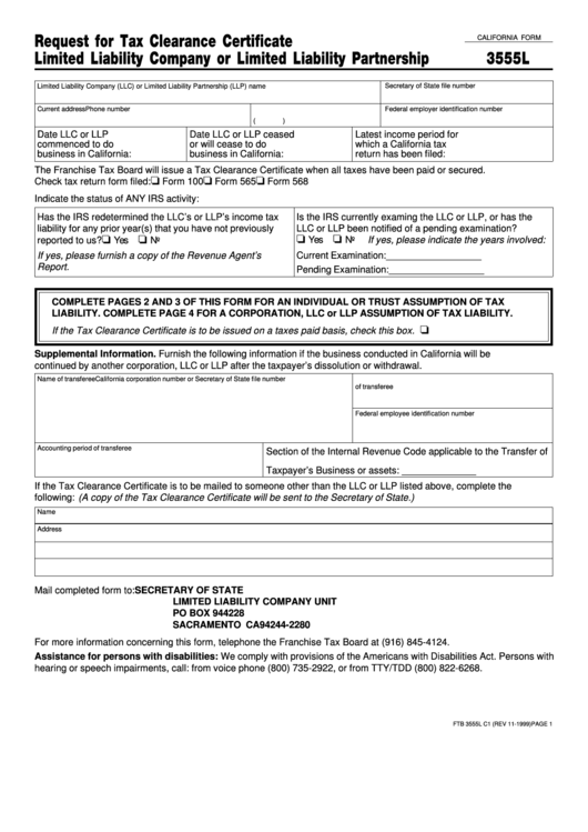 Form 3555l - Request For Tax Clearance Certificate Limited Liability Company Or Limited Liability Partnership - California Secretary Of State Printable pdf