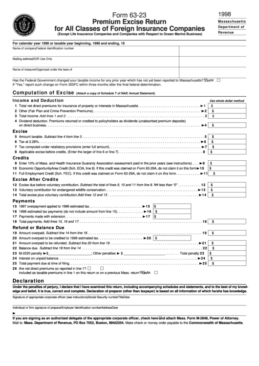 Fillable Form 63-23 - Premium Excise Return For All Classes Of Foreign Insurance Companies - 1998 Printable pdf