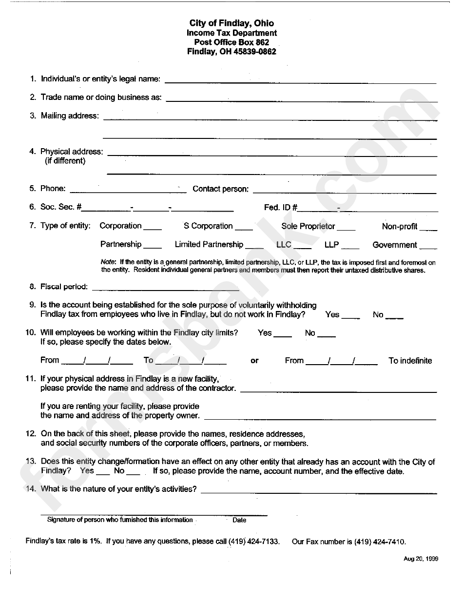 Income Tax Form - City Of Findlay, Ohio - 1999