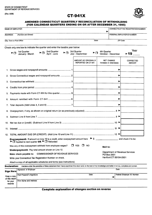 Fillable Form Ct-941x - Amended Connecticut Reconciliation Of Withholding - 1998 Printable pdf