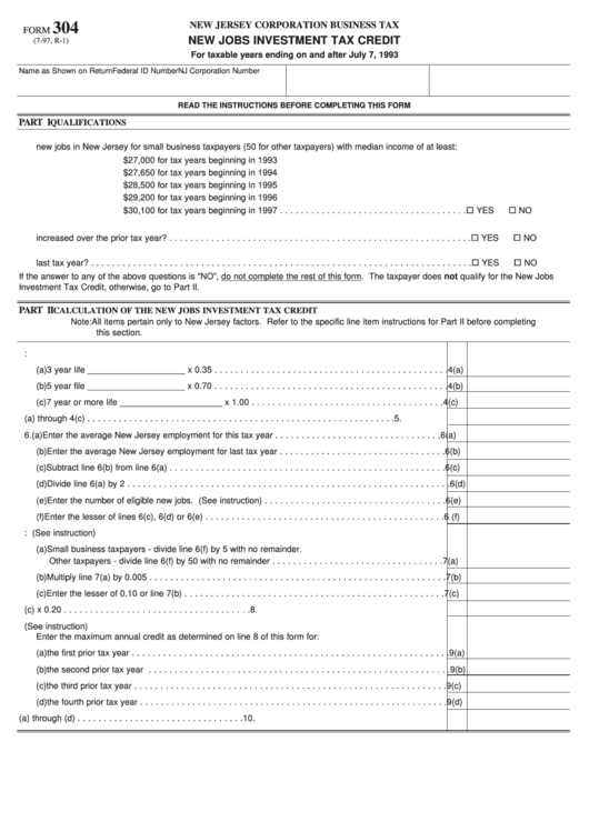 Fillable Form 304 - New Jobs Investment Tax Credit - 1993 Printable pdf