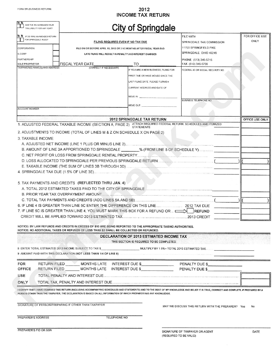 Form Nr - Income Tax Return - City Of Springdale - 2012