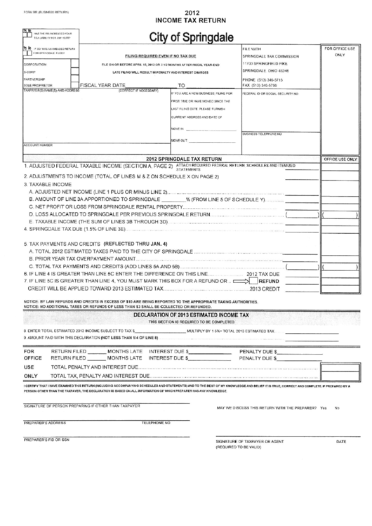 Form Nr - Income Tax Return - City Of Springdale - 2012 Printable pdf