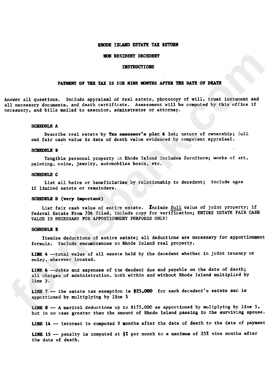 Rhode Island Estate Tax Return Non Resident Decedent Instructions