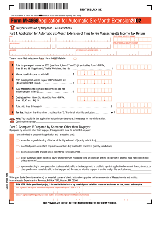 Form M-4868 - Application For Automatic Six-Month Extension - 2002 Printable pdf