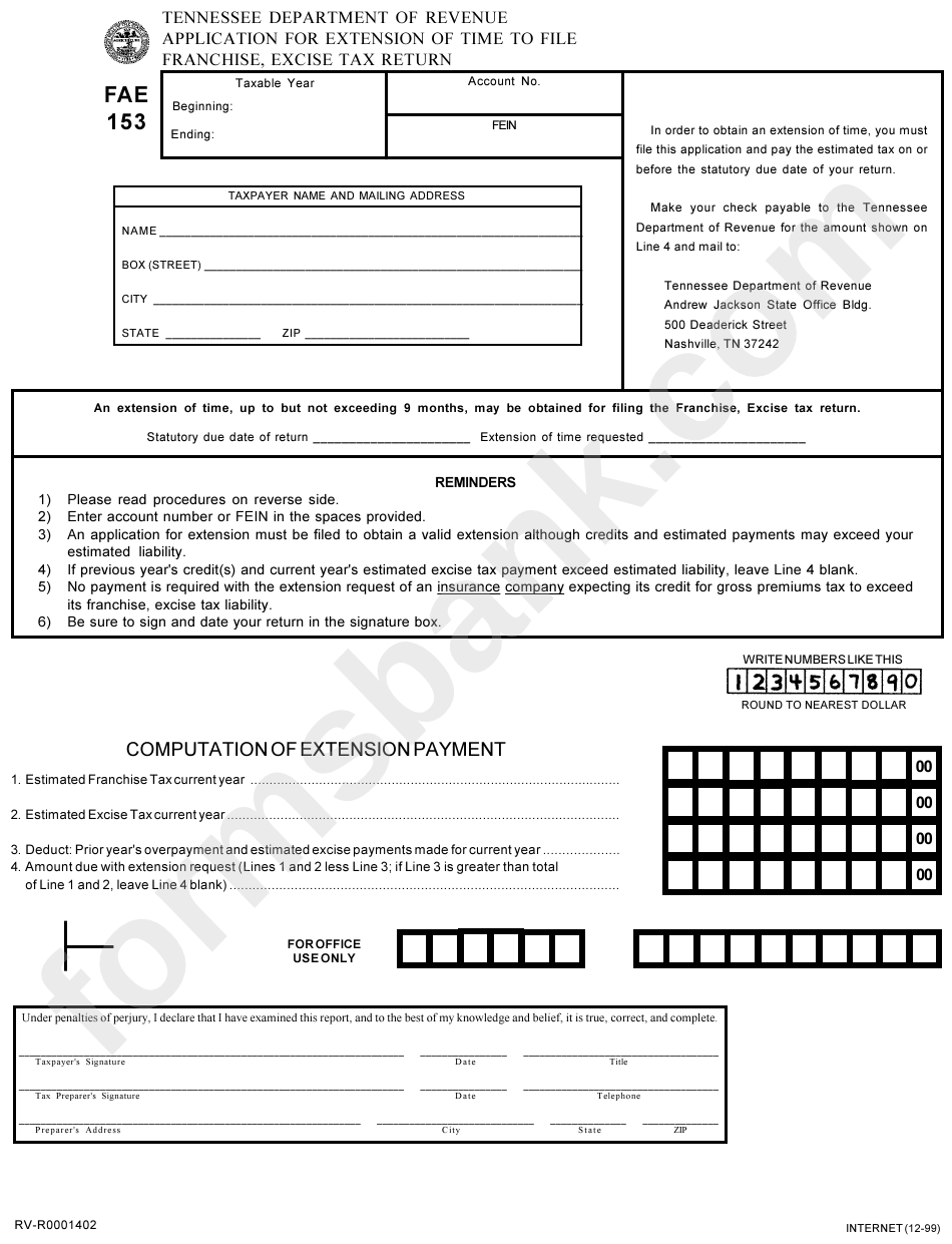 Form Fae 153 - Application For Extension Of Time To File Franchise, Excise Tax Return