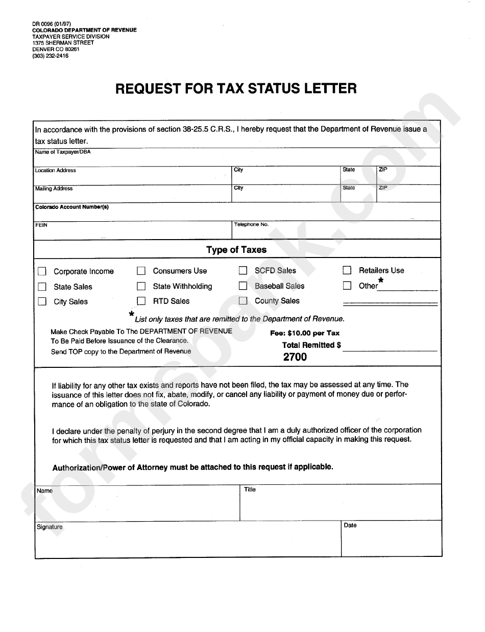 Form Dr 0096 - Request For Tax Status Letter - 1997