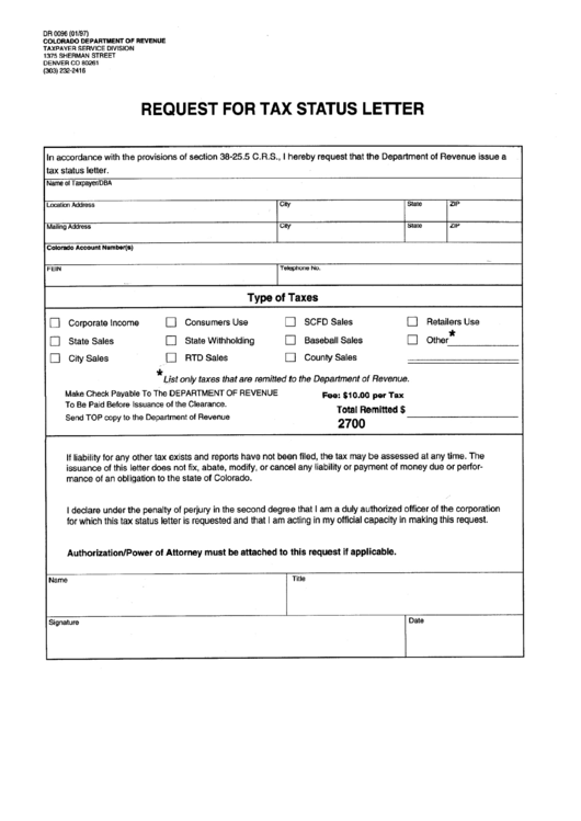 Form Dr 0096 - Request For Tax Status Letter - 1997 Printable pdf