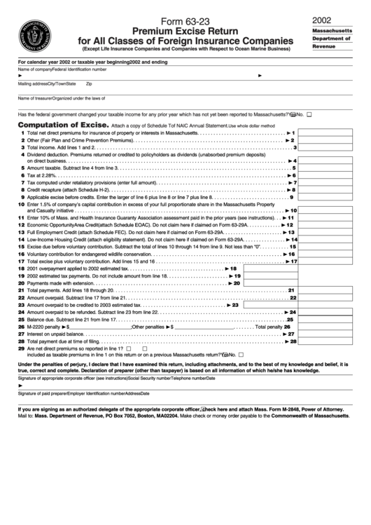 Form 63-23 - Premium Excise Return For All Classes Of Foreign Insurance Companies - 2002 Printable pdf