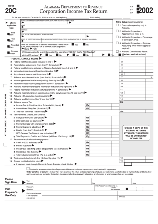 Form 20c - Corporation Income Tax Return - 2002 Printable pdf