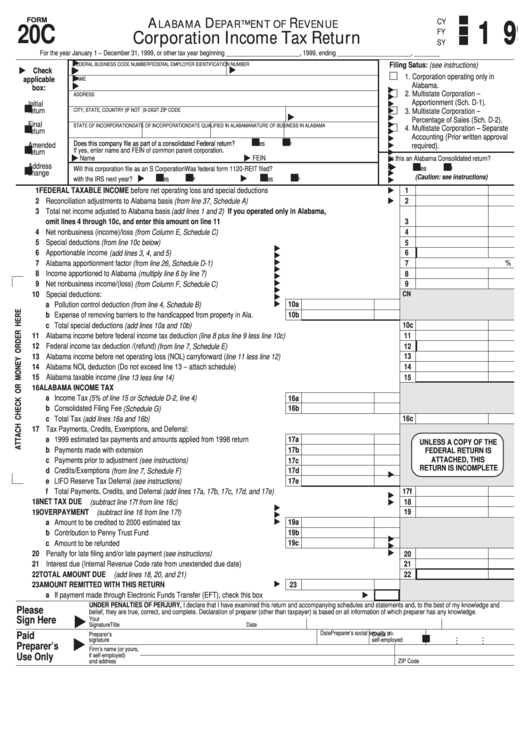 Form 20c - Corporation Income Tax Return - 1999 Printable pdf