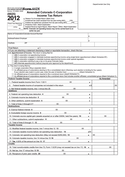 Form 112x - Amended Colorado C-Corporation Income Tax Return - 2012 Printable pdf
