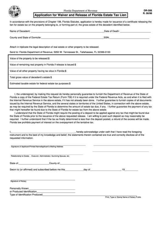 Form Dr-308 - Application For Waiver And Release Of Florida Estate Tax Lien - 1998 Printable pdf