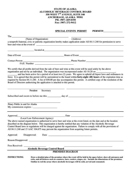 Special Events Permit - State Of Alaska Alcoholic Beverage Control Board Printable pdf