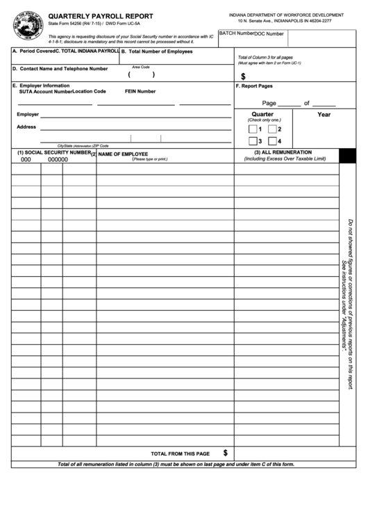 Fillable State Form 54256 - Quarterly Payroll Report Printable pdf