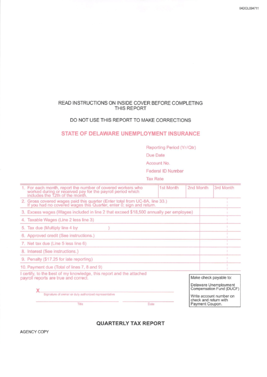 Fillable Quarterly Tax Report - Delaware Unemployment Compensation Fund Printable pdf