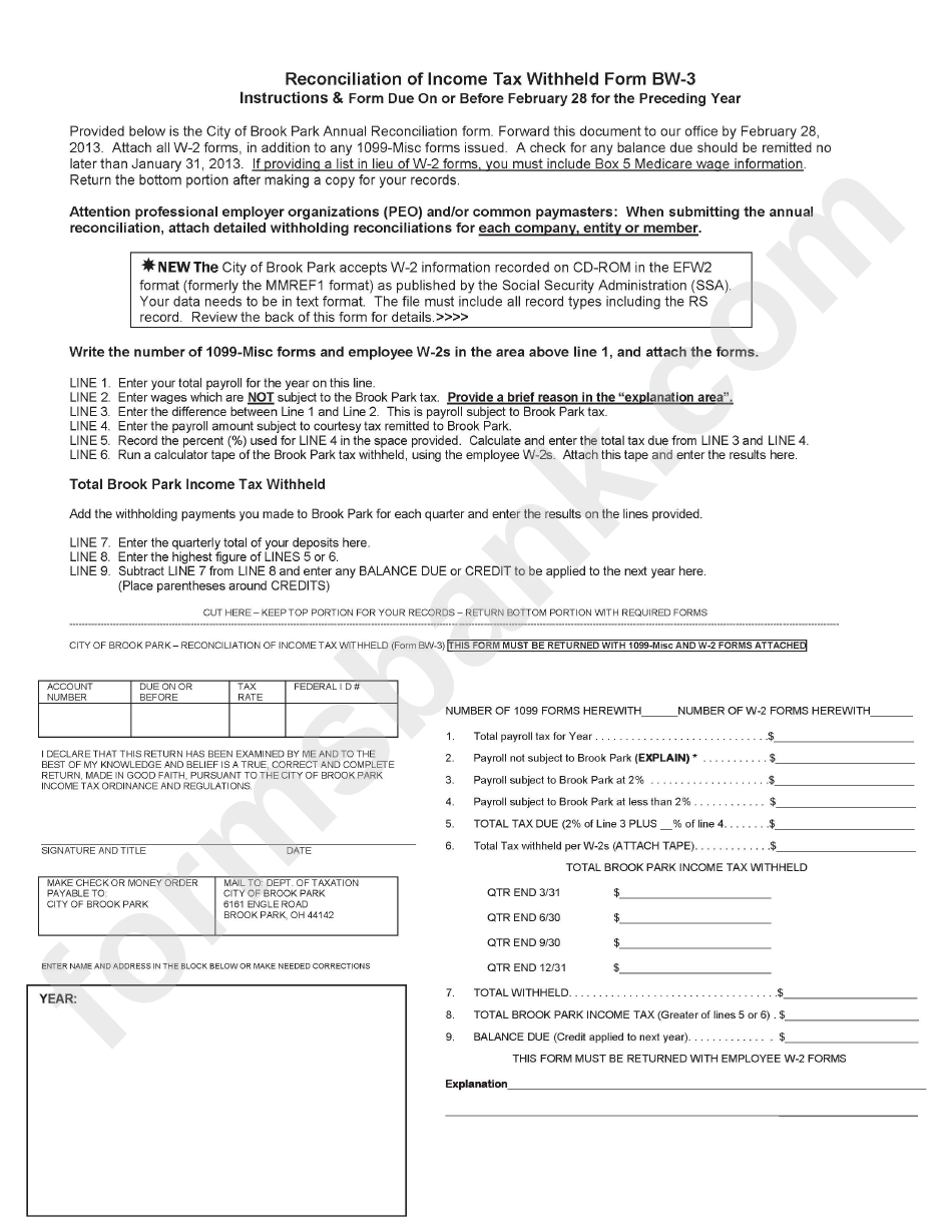 Form Bw-3 - Reconciliation Of Income Tax Withheld - City Of Brook Park