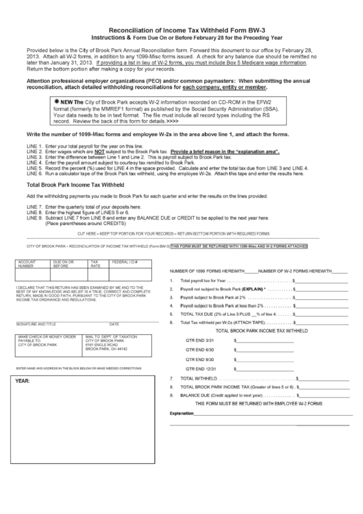 Form Bw-3 - Reconciliation Of Income Tax Withheld - City Of Brook Park Printable pdf