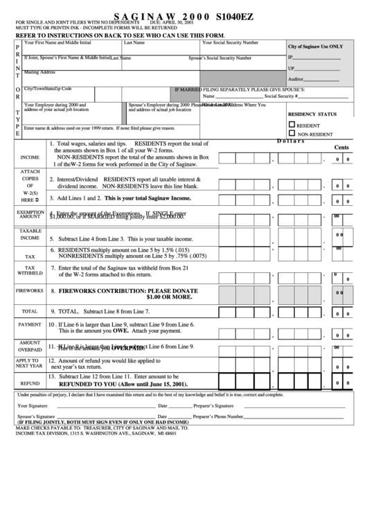 Form S1040ez - Income Tax Return - 2000 Printable pdf