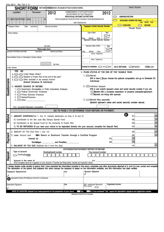 Form 481.0 - Individual Income Tax Return - 2012 Printable pdf