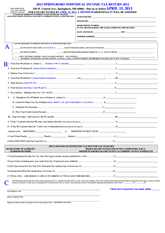 Fillable Springboro Individual Income Tax Return - 2012 Printable pdf