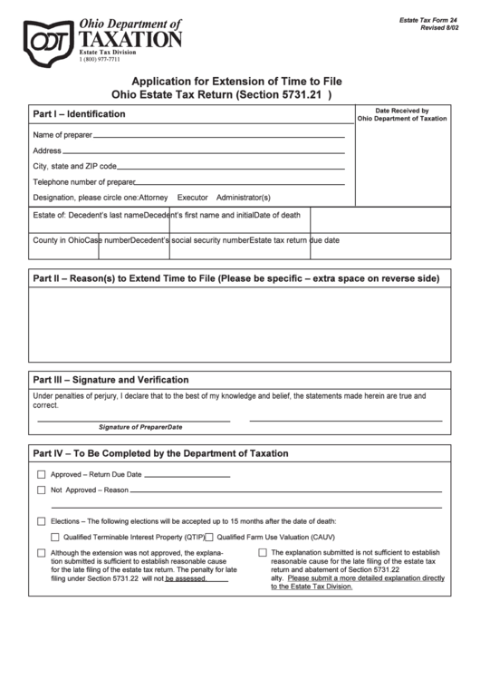 Form 24 - Application For Extension Of Time To File Ohio Estate Tax Return Printable pdf