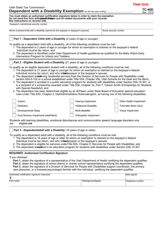 Fillable Form Tc-40d - Dependent With A Disability Exemption - Utah State Tax Commission Printable pdf