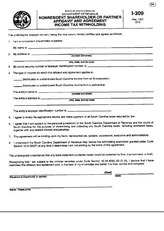 Fillable Form I-309 - Nonresident Shareholder Or Partner Affidavit And Agreement Income Tax Withholding - 1997 Printable pdf