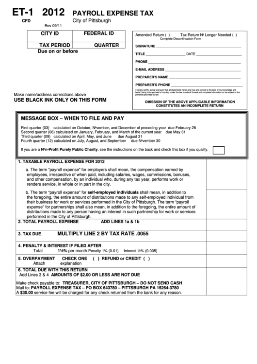 Form Et-1 - Payroll Expense Tax - City Of Pittsburgh - 2012 Printable pdf