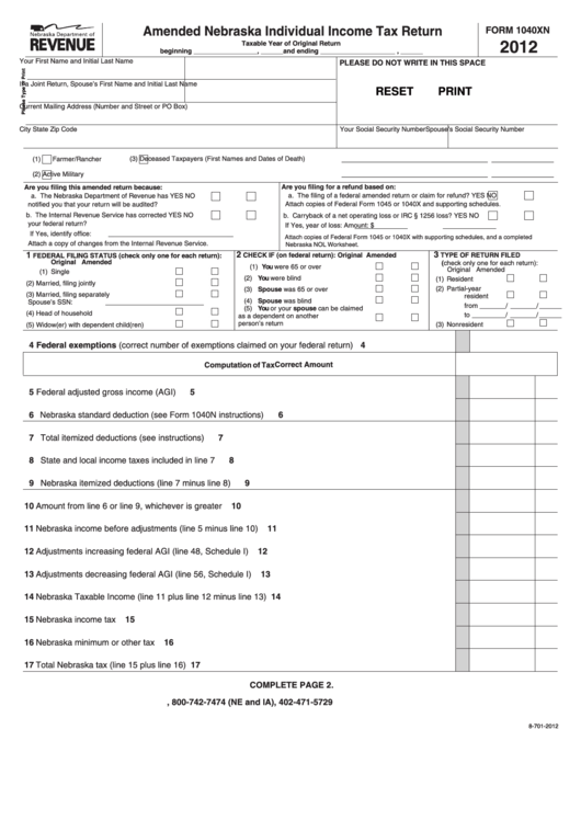 Fillable Form 1040xn - Amended Nebraska Individual Income Tax Return - 2012 Printable pdf