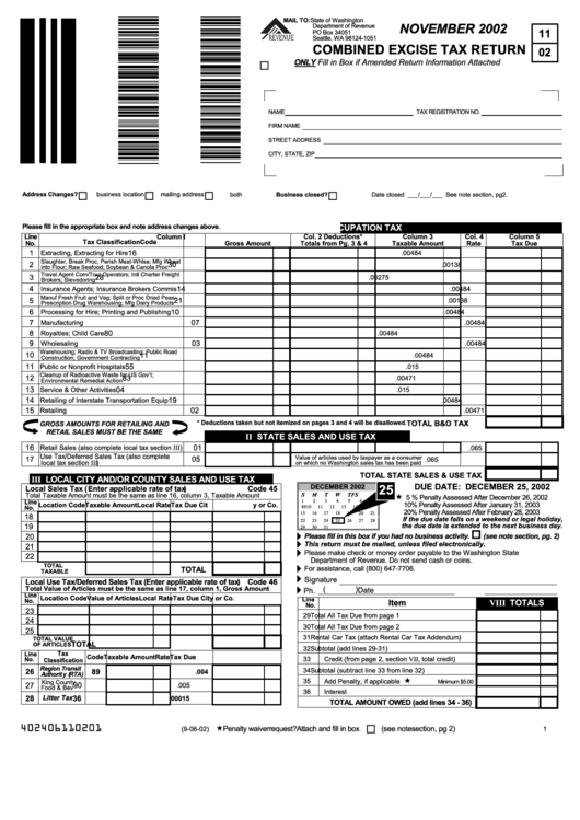 State Of Washington Combined Excise Tax Return Form - 2002 Printable pdf