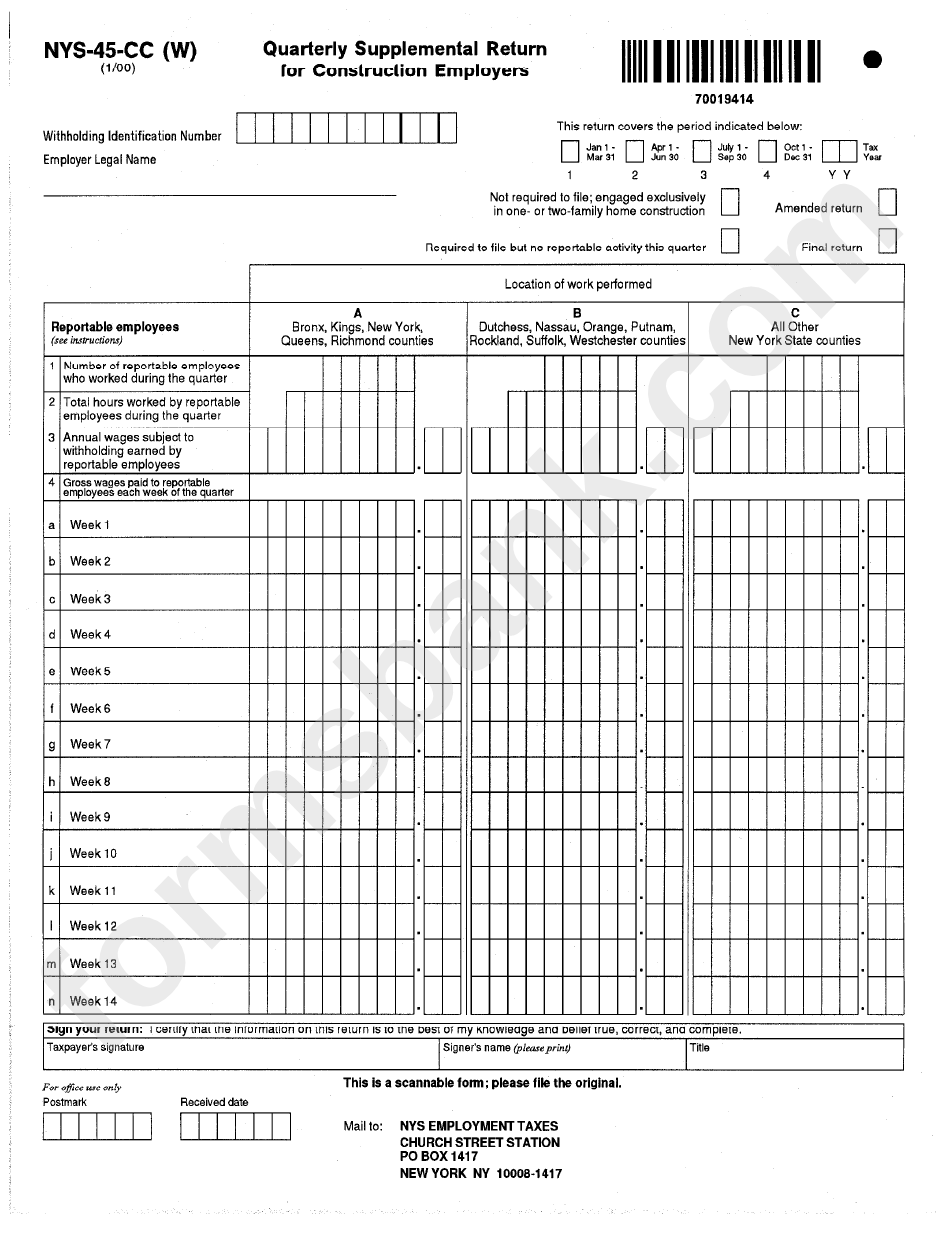 Form Nys-45-Cc(W) - Quarterly Supplemental Return For Construction Employers - 2000