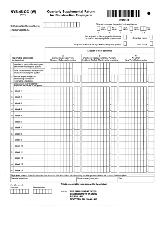 Form Nys-45-Cc(W) - Quarterly Supplemental Return For Construction Employers - 2000 Printable pdf