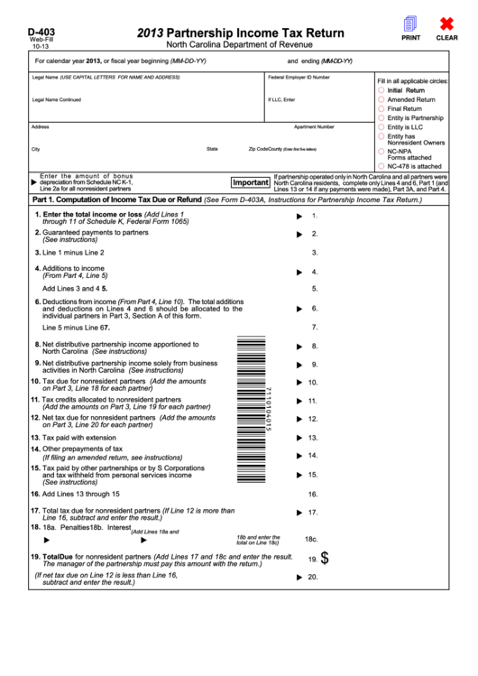Fillable Form D-403 - Partnership Income Tax Return - 2013 Printable pdf