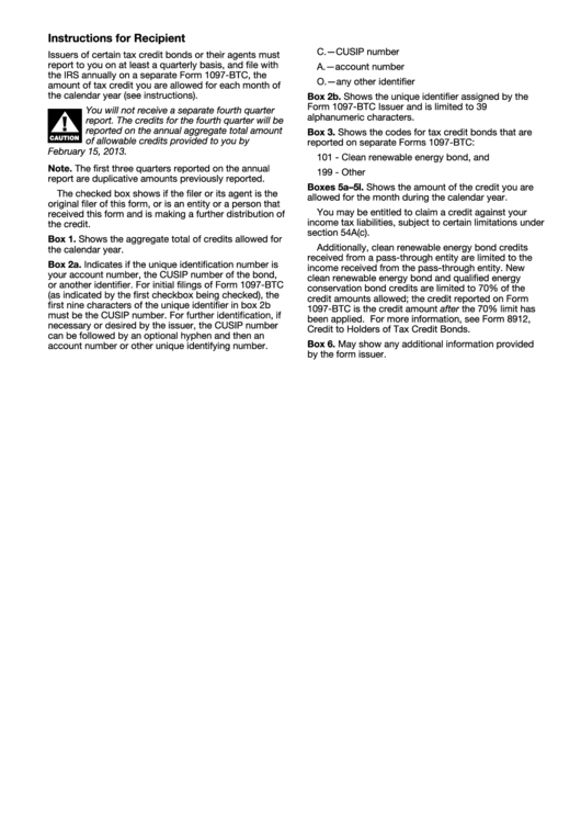 Instructions For Form 1097-Btc - Bond Tax Credit - 2012 Printable pdf