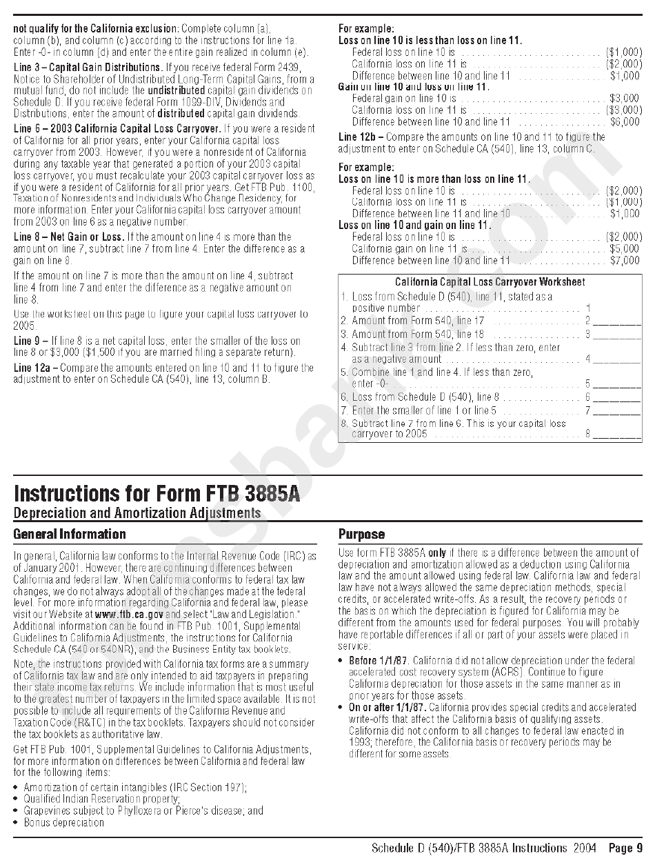 Instructions For California Schedule D (540) - California Capital Gain Or Loss Adjustment