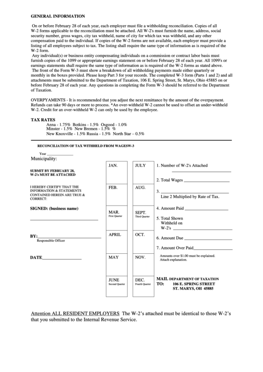 Form W-3 - Reconciliation Of Tax Withheld From Wages Printable pdf